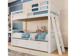 Beliche 90x200cm - com bicama e 3 gavetas - em madeira maciça de pinho e MDF - Branco