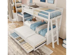Beliche 90x200cm - com bicama e 3 gavetas - em madeira maciça de pinho e MDF - Branco