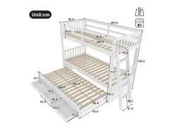 Beliche 90x200cm - com bicama e 3 gavetas - em madeira maciça de pinho e MDF - Branco