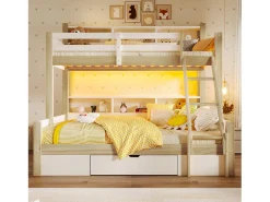 Beliche 90x200cm + 140x200cm - com escada e grade de segurança - 1 gaveta - iluminação LED - natural (colchão não incluído)