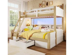 Beliche 90x200cm + 140x200cm - com escada e grade de segurança - 1 gaveta - iluminação LED - natural (colchão não incluído)
