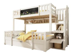 Beliche 90x200cm + 140x200cm - com quadro negro - com 1 gaveta e uma escada com armazenamento - Madeira maciça + MDF - Branco