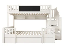 Beliche 90x200cm + 140x200cm - com quadro negro - com 1 gaveta e uma escada com armazenamento - Madeira maciça + MDF - Branco