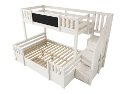 Beliche 90x200cm + 140x200cm - com quadro negro - com 1 gaveta e uma escada com armazenamento - Madeira maciça + MDF - Branco