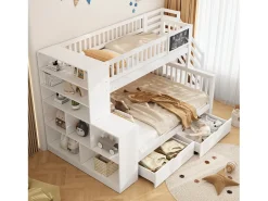 Beliche 90x200cm + 140x200cm em madeira - com 2 gavetas, estante e escada de arrumação - Branco