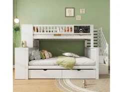 Beliche 90x200cm + 140x200cm em madeira - com 2 gavetas, estante e escada de arrumação - Branco