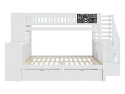 Beliche 90x200cm + 140x200cm em madeira - com 2 gavetas, estante e escada de arrumação - Branco