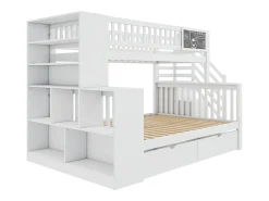 Beliche 90x200cm + 140x200cm em madeira - com 2 gavetas, estante e escada de arrumação - Branco