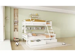 Beliche 90x200cm e 140x200cm - com escada, prateleiras e 2 gavetas - madeira de pinho e MDF - Branco
