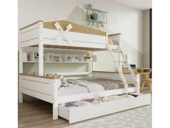 Beliche 90x200cm e 140x200cm - com escada, prateleiras e 2 gavetas - madeira de pinho e MDF - Branco