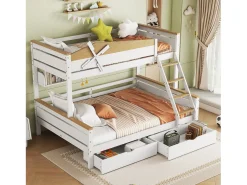 Beliche 90x200cm e 140x200cm - com escada, prateleiras e 2 gavetas - madeira de pinho e MDF - Branco