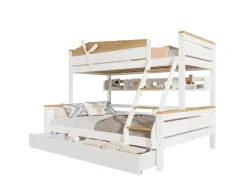 Beliche 90x200cm e 140x200cm - com escada, prateleiras e 2 gavetas - madeira de pinho e MDF - Branco