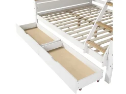Beliche 90x200cm e 140x200cm - com escada, prateleiras e 2 gavetas - madeira de pinho e MDF - Branco