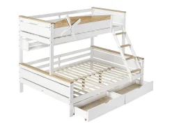 Beliche 90x200cm e 140x200cm - com escada, prateleiras e 2 gavetas - madeira de pinho e MDF - Branco