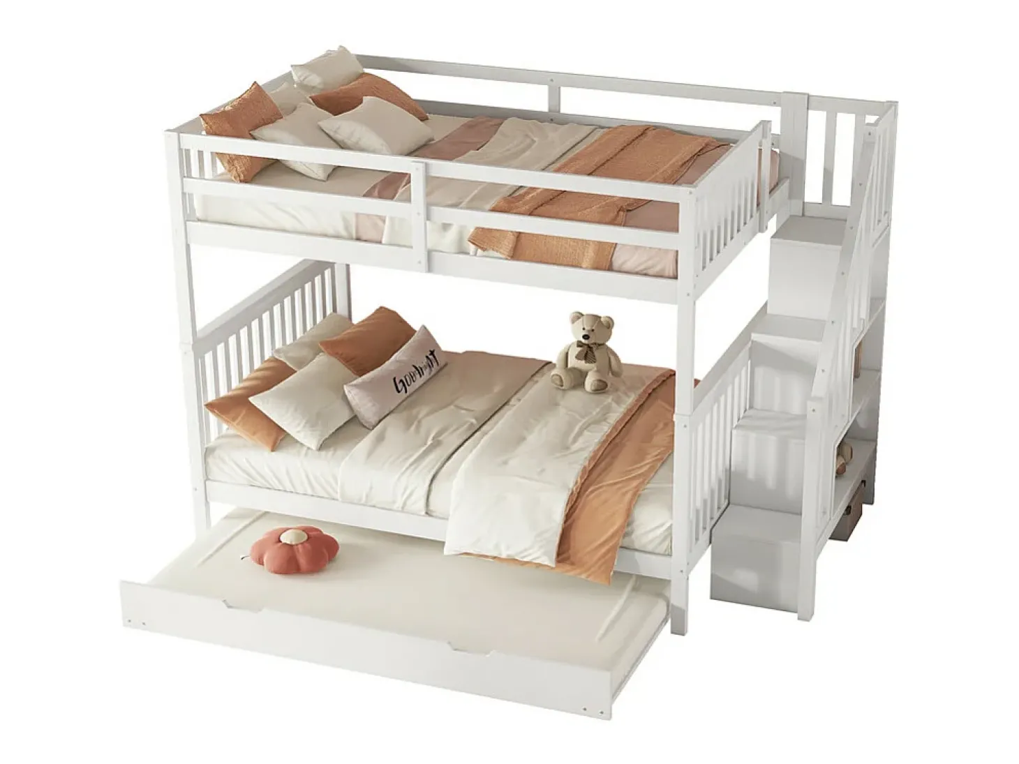 Beliche 140x200cm em madeira de pinho - com 2 gavetas e cama de gavetão - Branco