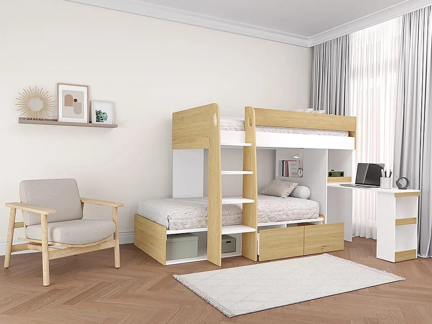 Beliche 2x90x190 cm com secretária e espaços de arrumação natural e branco - LOMIDEN