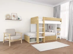 Beliche 2x90x190 cm com secretária e espaços de arrumação natural e branco - LOMIDEN