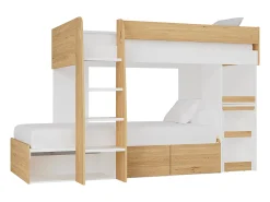 Beliche 2x90x190 cm com secretária e espaços de arrumação natural e branco - LOMIDEN