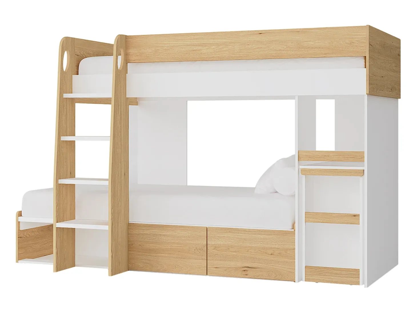Beliche 2x90x190 cm com secretária e espaços de arrumação natural e branco - LOMIDEN