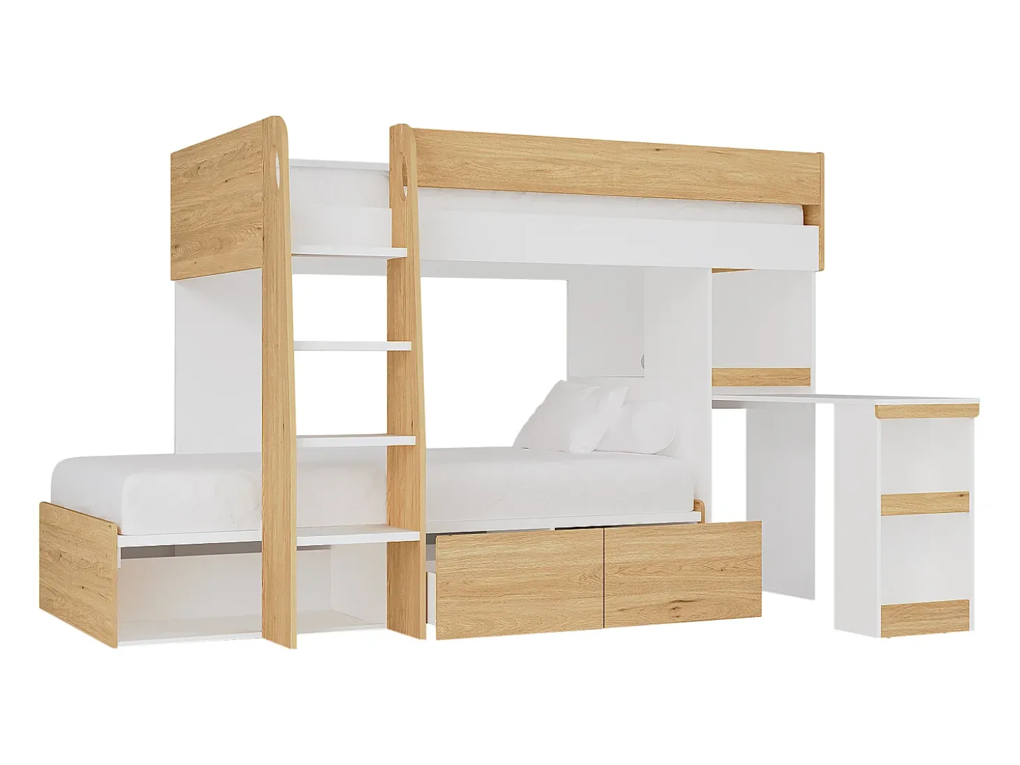 Beliche 2x90x190 cm com secretária e espaços de arrumação natural e branco - LOMIDEN