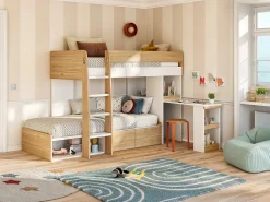 Beliche 2x90x190 cm com secretária e espaços arrumação natural e branco + colchão LOMIDEN