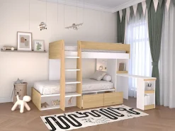 Beliche 2x90x190 cm com secretária e espaços arrumação natural e branco + colchão LOMIDEN