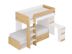 Beliche 2x90x190 cm com secretária e espaços arrumação natural e branco + colchão LOMIDEN