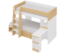Beliche 2x90x190 cm com secretária e espaços arrumação natural e branco + colchão LOMIDEN