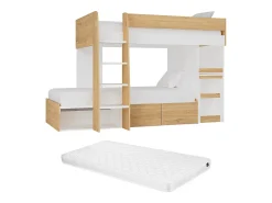 Beliche 2x90x190 cm com secretária e espaços arrumação natural e branco + colchão LOMIDEN