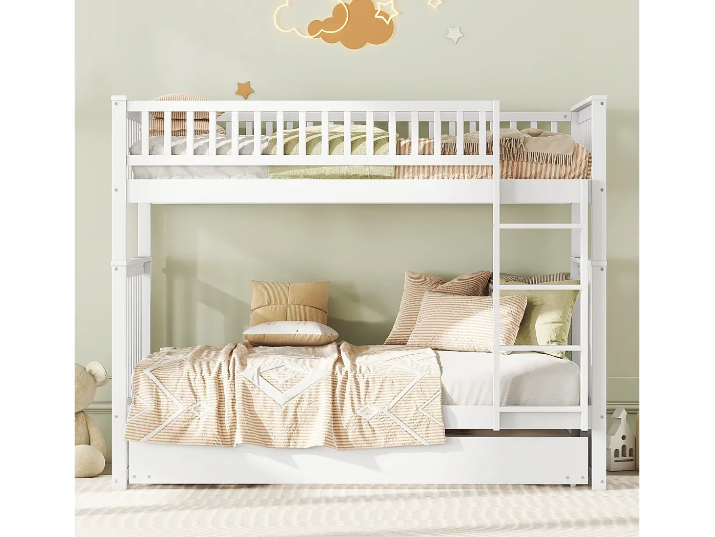 Beliches 2 x 90 x 200 cm + bicama 90 x 190 cm - Madeira MDF - Branco - ANTHONY