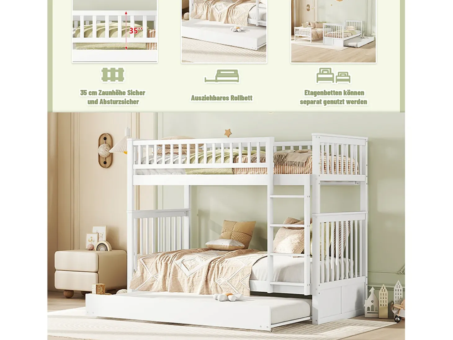 Beliches 2 x 90 x 200 cm + bicama 90 x 190 cm - Madeira MDF - Branco - ANTHONY