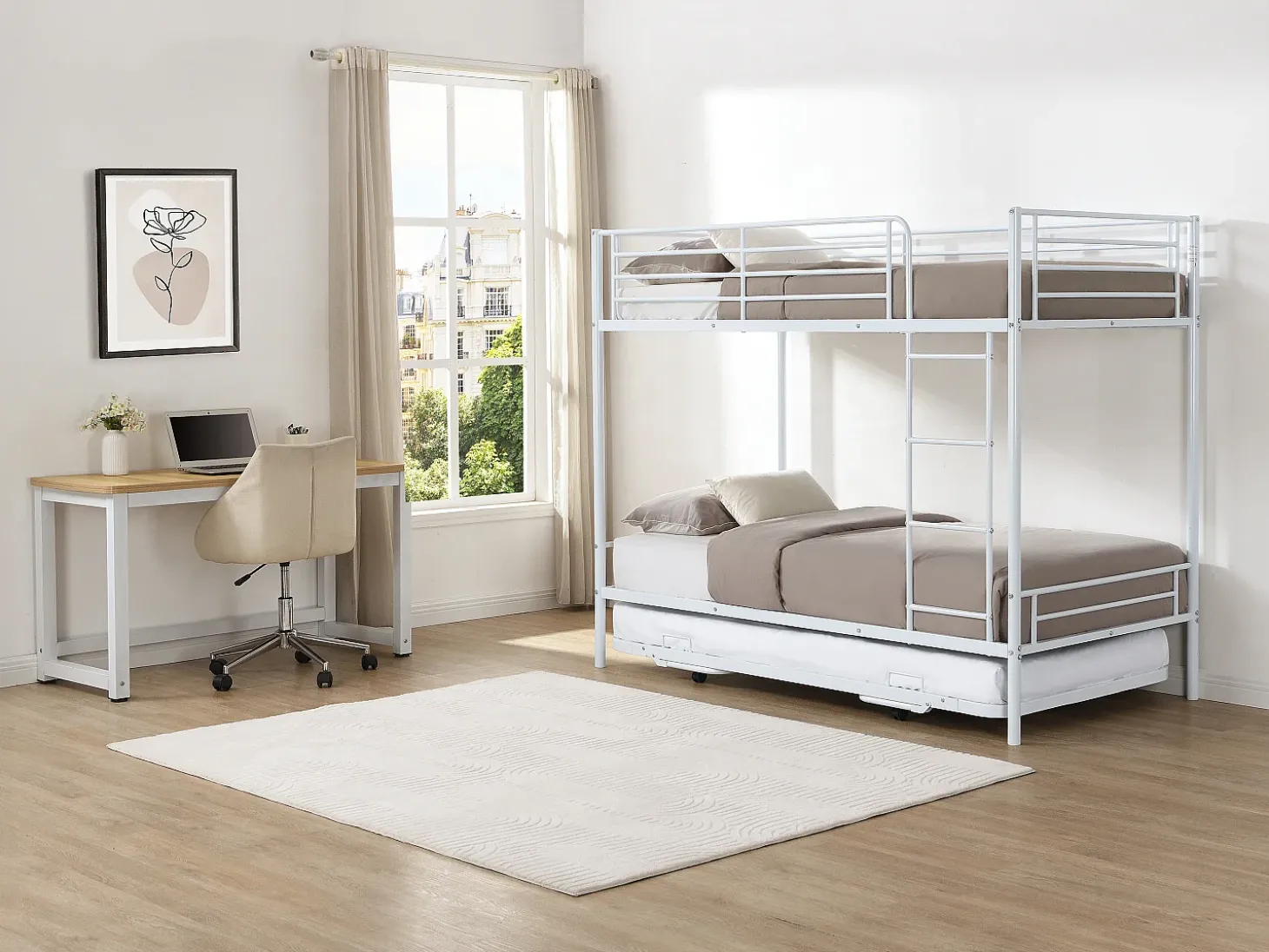 Beliches 2 x 90 x 190 cm branco com estrados e cama extra - DUOTIS