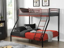 Beliches de 90 x 190 e 140 x 190 cm em aço preto e vermelho com colchão ELEVATIO IV