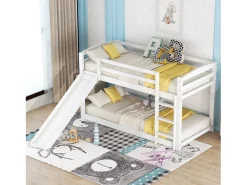 Beliches para 2 pessoas, 2x90x200cm com escorregador e guarda-corpo, Estrutura em pinho, Base de ripas incluída, Branco