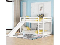 Beliches para 2 pessoas, 2x90x200cm com escorregador e guarda-corpo, Estrutura em pinho, Base de ripas incluída, Branco