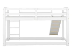 Beliches para 2 pessoas, 2x90x200cm com escorregador e guarda-corpo, Estrutura em pinho, Base de ripas incluída, Branco