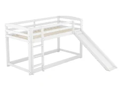 Beliches para 2 pessoas, 2x90x200cm com escorregador e guarda-corpo, Estrutura em pinho, Base de ripas incluída, Branco