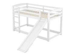 Beliches para 2 pessoas, 2x90x200cm com escorregador e guarda-corpo, Estrutura em pinho, Base de ripas incluída, Branco