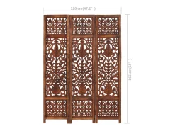 Biombo esculp mão 3 painéis 120x165cm mangueira maciça castanho