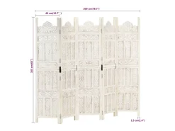Biombo esculp. mão 5 painéis 200x165cm mangueira maciça branco