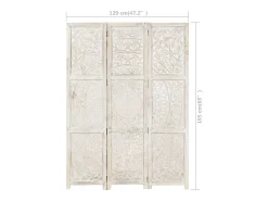Biombo esculp. mão 3 painéis 120x165 cm mangueira maciça branco