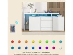 Buffet 2 portas 4 gavetas e 1 prateleira de vidro, gabinete de TV de 160 cm, com LEDs, painel de partículas, branco, 160x35x70cm