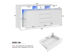 Buffet 2 portas 4 gavetas e 1 prateleira de vidro, gabinete de TV de 160 cm, com LEDs, painel de partículas, branco, 160x35x70cm