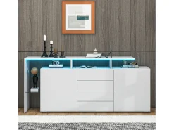 Buffet 2 portas 4 gavetas e 1 prateleira de vidro, gabinete de TV de 160 cm, com LEDs, painel de partículas, branco, 160x35x70cm