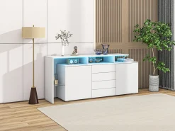 Buffet 2 portas 4 gavetas e 1 prateleira de vidro, gabinete de TV de 160 cm, com LEDs, painel de partículas, branco, 160x35x70cm