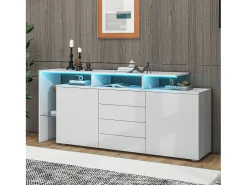 Buffet 2 portas 4 gavetas e 1 prateleira de vidro, gabinete de TV de 160 cm, com LEDs, painel de partículas, branco, 160x35x70cm