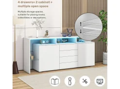 Buffet 2 portas 4 gavetas e 1 prateleira de vidro, gabinete de TV de 160 cm, com LEDs, painel de partículas, branco, 160x35x70cm