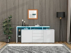 Buffet 2 portas 4 gavetas e 1 prateleira de vidro, gabinete de TV de 160 cm, com LEDs, painel de partículas, branco, 160x35x70cm