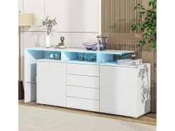 Buffet 2 portas 4 gavetas e 1 prateleira de vidro, gabinete de TV de 160 cm, com LEDs, painel de partículas, branco, 160x35x70cm