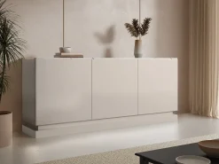 Buffet 3 portas com LEDs em MDF - Bege e efeito mármore branco - DEVIKA